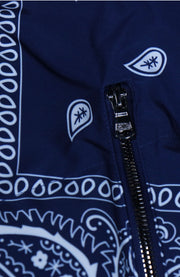 pocket zipper view Navy Bandanna Print Jacket | Classic Paisley Pattern Winter Jacket | Faux Vegan Fur Hood