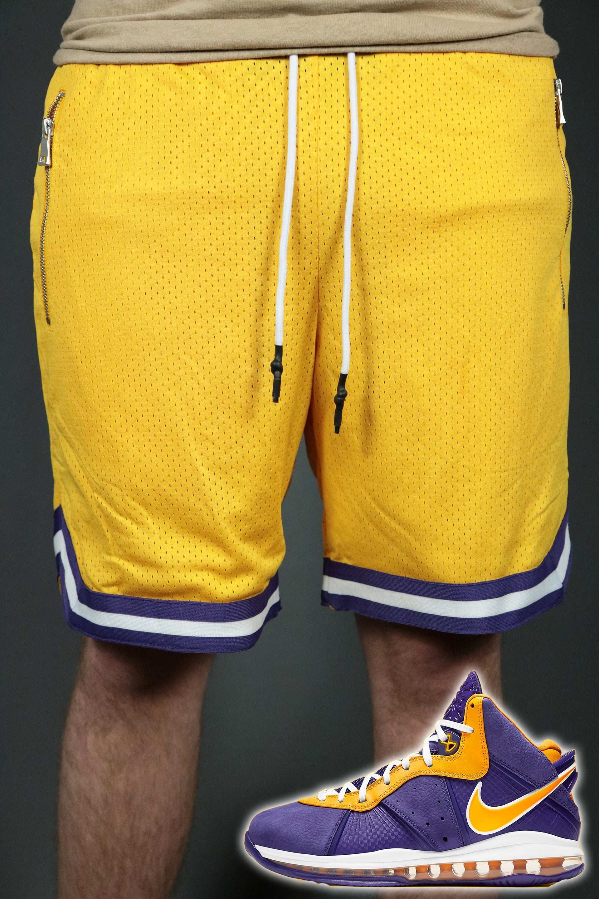 The Los Angeles yellow shorts to match Lebron 8 Lakers sneakers by Jordan Craig.