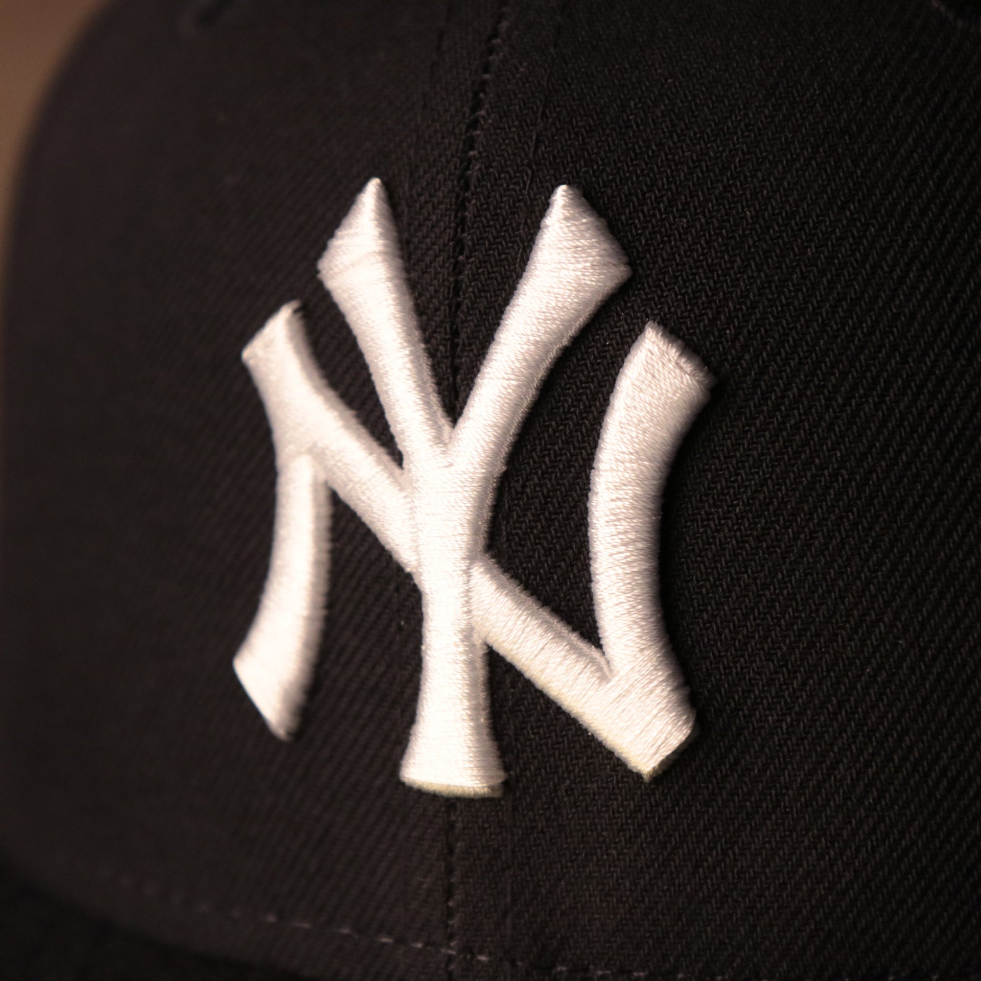 the logo on the front of this grey fitted cap is white Yankees On-Field Grey Bottom Fitted Cap | New York Yankees 2000 Game Worn Subway Series Side Patch Gray Under Brim 59Fifty Fitted Hat