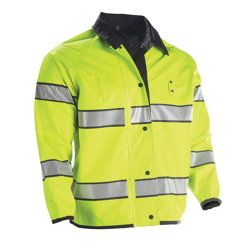 the Police Public Safety | Reversible Black and Safety Green Jacket with Reflective Stripes | Weathertech Waterproof Police Uniform Duty Jacket has silver gray grey stripes and a black collar
