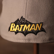 the batman name on the back also has batman behind the name Batman Grey Bottom Fitted Cap | Batman Superhero Gray Bottom Fitted Hat