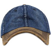 This denim distressed two-tone dad hat has a denim unstructured crown and a faux leather brown bent brim with distressing to give the hat a vintage appearance
