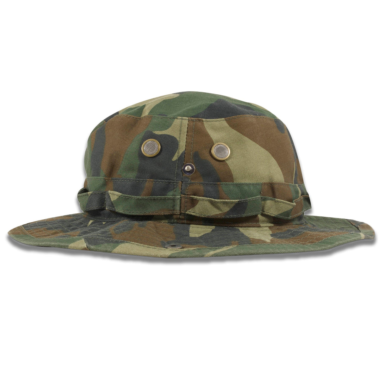 On the left side of the camouflage patterned boonie bucket hat is are breathable air holes and an adjustable button