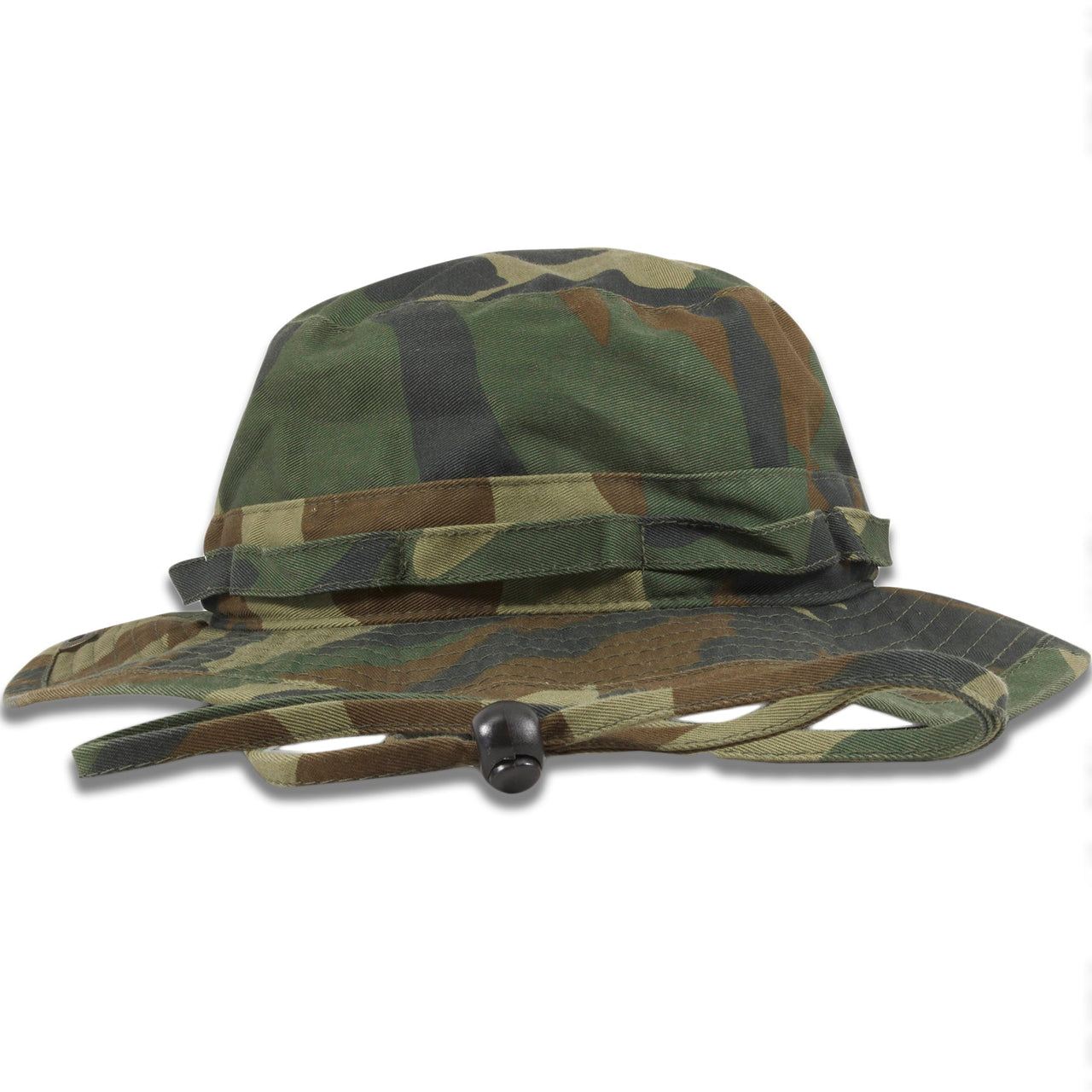 The camouflage boonie bucket hat is solid camouflage with an adjustable camouflage patterned drawstring