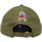 the right side of the New York Giants 2019 Salute to Service Dad Hat | Olive Green NFL On Field NY Giants Baseball Cap