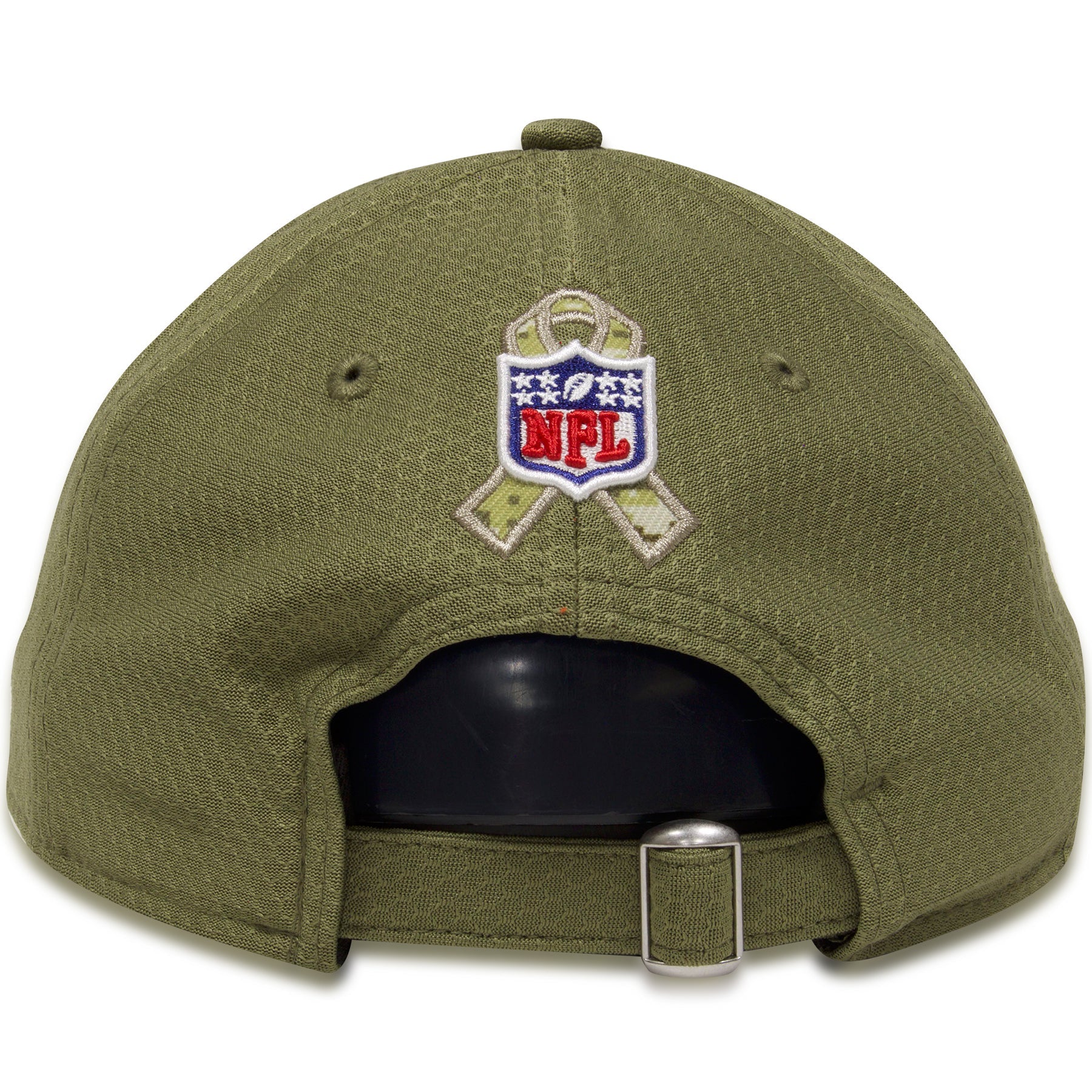 the right side of the New York Giants 2019 Salute to Service Dad Hat | Olive Green NFL On Field NY Giants Baseball Cap
