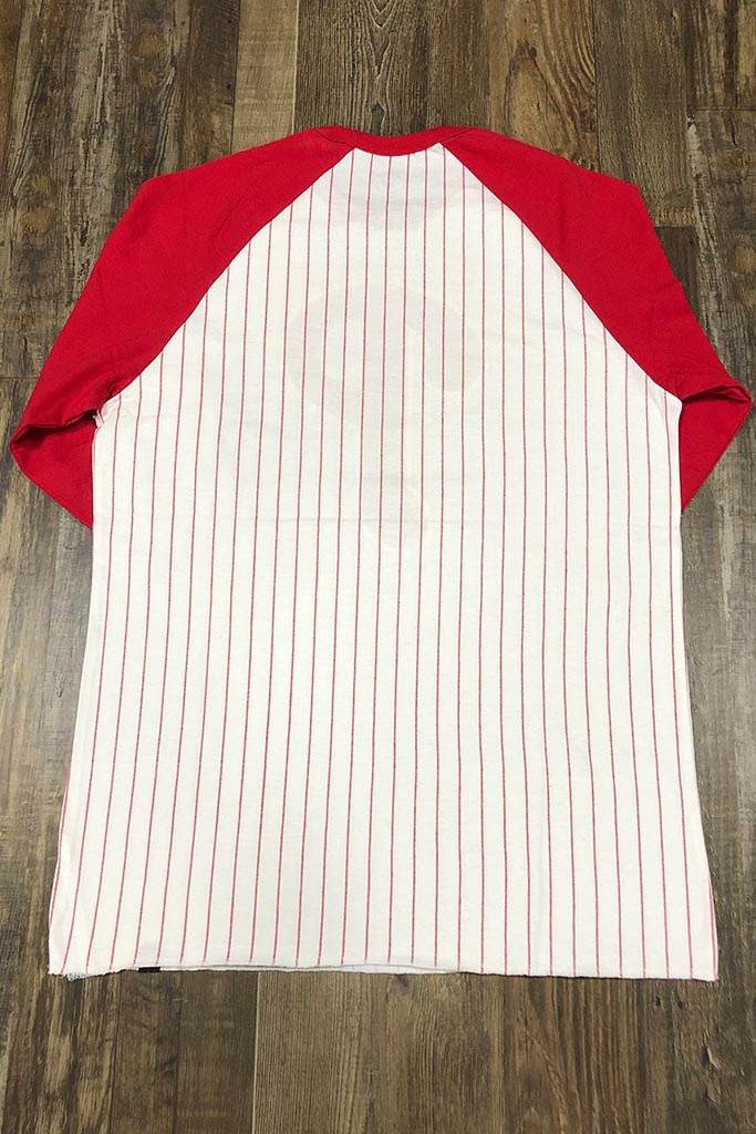 back shot Phillies Vintage T-Shirt | Philadelphia Phillies Retro White 3/4 Sleeve | Phillies Throwback White/Red Pinstriped 3/4 Sleeve Shirt
