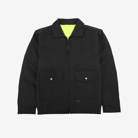 the Police Public Safety | Reversible Black Uniform Bomber Jacket | Waterproof Scotchlite Reflective Safety Green and Black Rain Jacket has patch pockets and a neon yellow reverse side lining