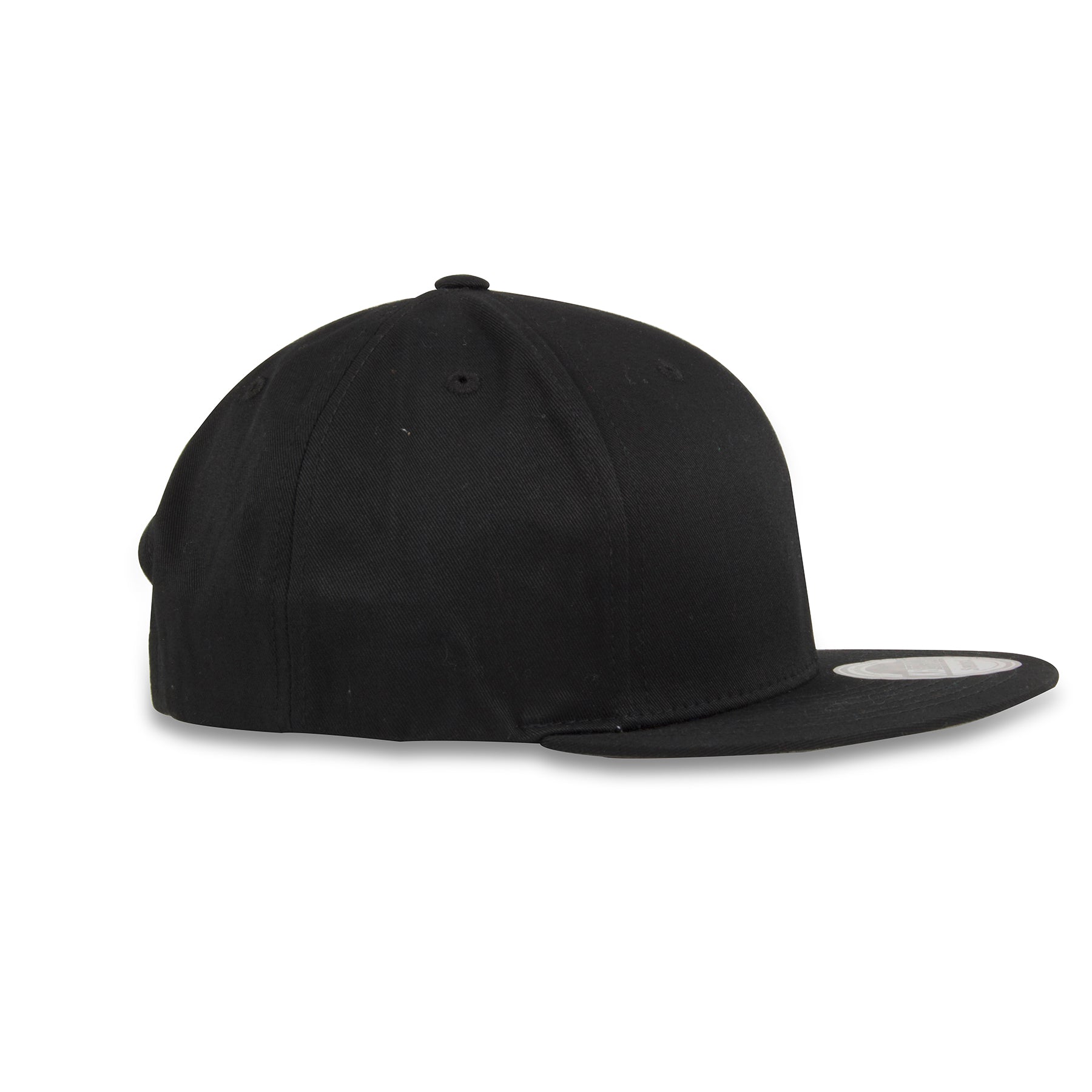 The blank black adjustable snapback hat is solid black with no embroidery