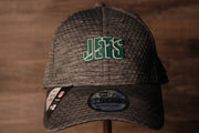 Jets 2020 Training Camp Flexfit | New York Jets 2020 On-Field Grey Training Camp Stretch Fit the front of this jets training cap is the jets name