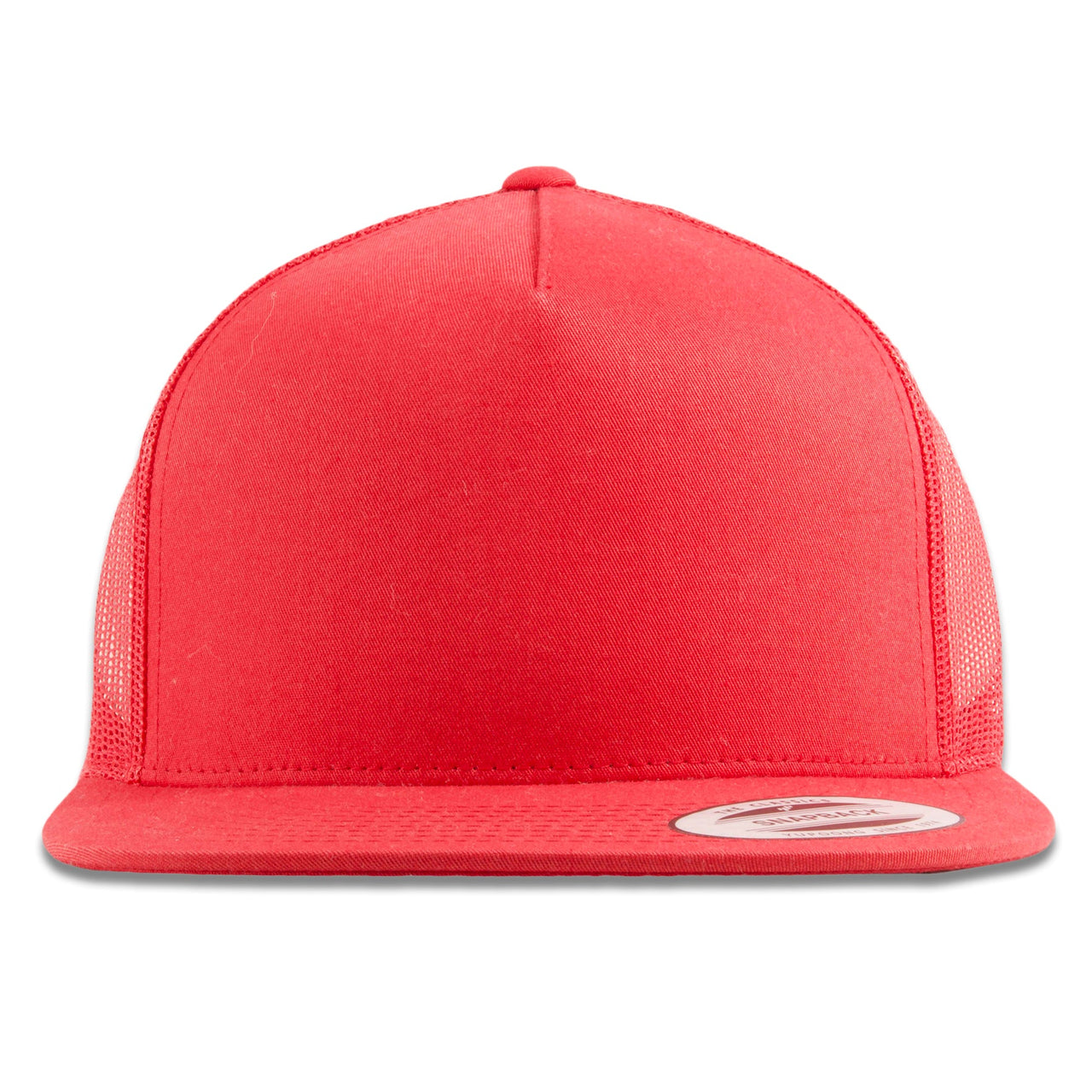 The red mesh-back trucker snapback features a red high structured crown and a red flat brim