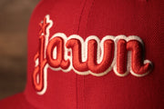 Grey Bottom Fitted Cap | Jawn Red Gray Bottom Fitted Hat the word jawn is in red and white to represent the phillies main colorway