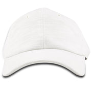 The melange white blank dad hat is a white heather melange with a soft unstructured crown and a bent brim