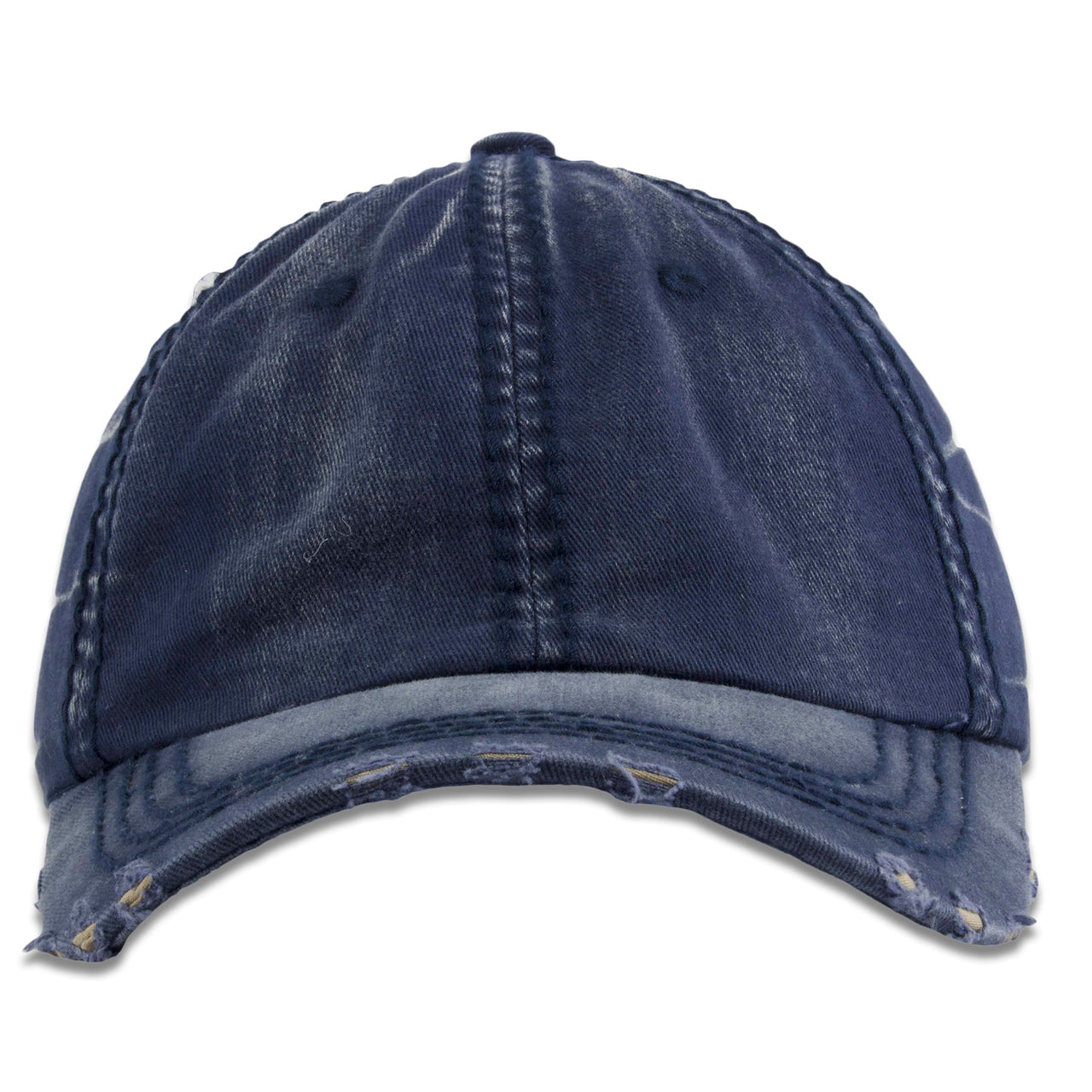 the navy blue vintage distressed baseball cap has a soft navy blue crown, a bent brim, and ripped ends