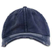 the navy blue vintage distressed baseball cap has a soft navy blue crown, a bent brim, and ripped ends