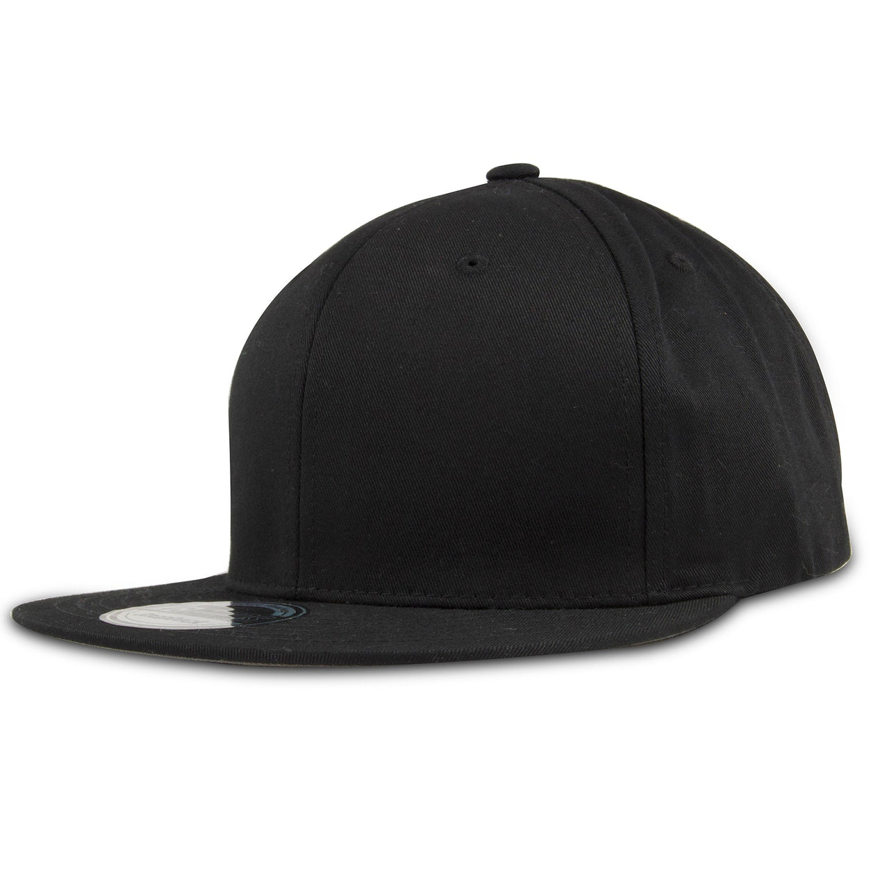 This blank black adjustable snapback is made out of 100% cotton and features no embellishments