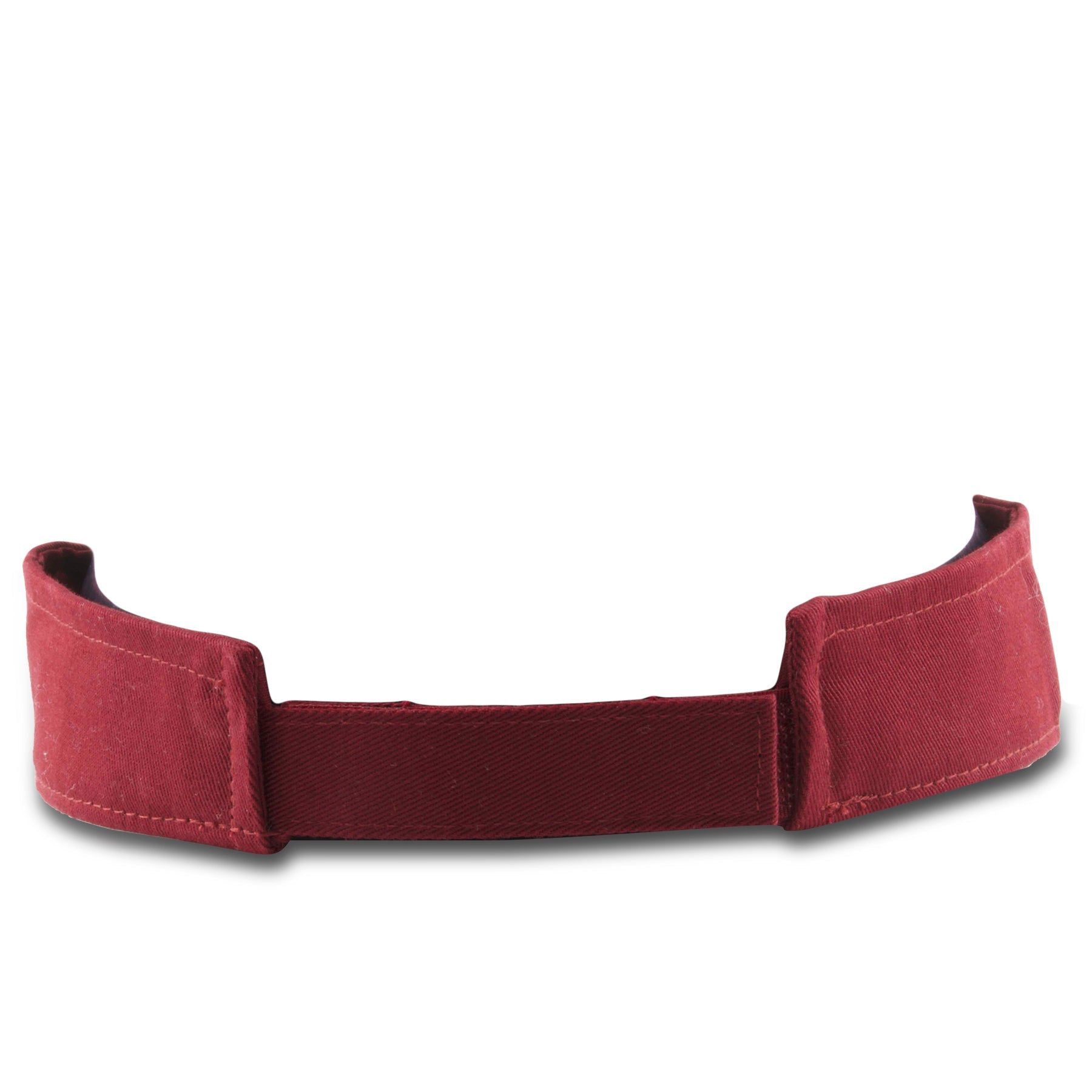 On the back of the burgundy blank adjustable visor is a burgundy adjustable velcro strap