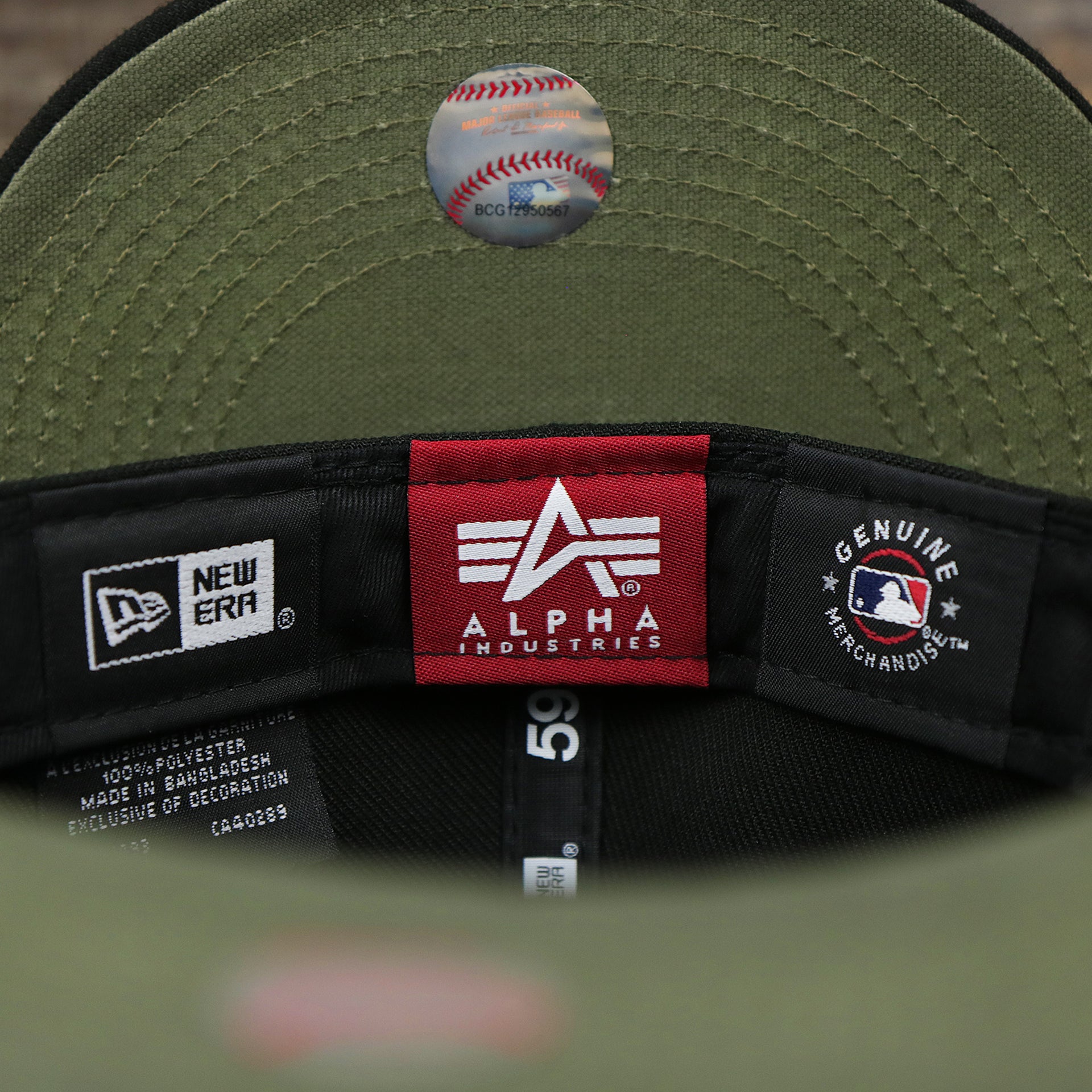 The Tags on the Chicago White Sox Alpha Industries Side Patch Army Green Undervisor 59FIfty Fitted Cap With Hangtag | Black 59FIfty Cap