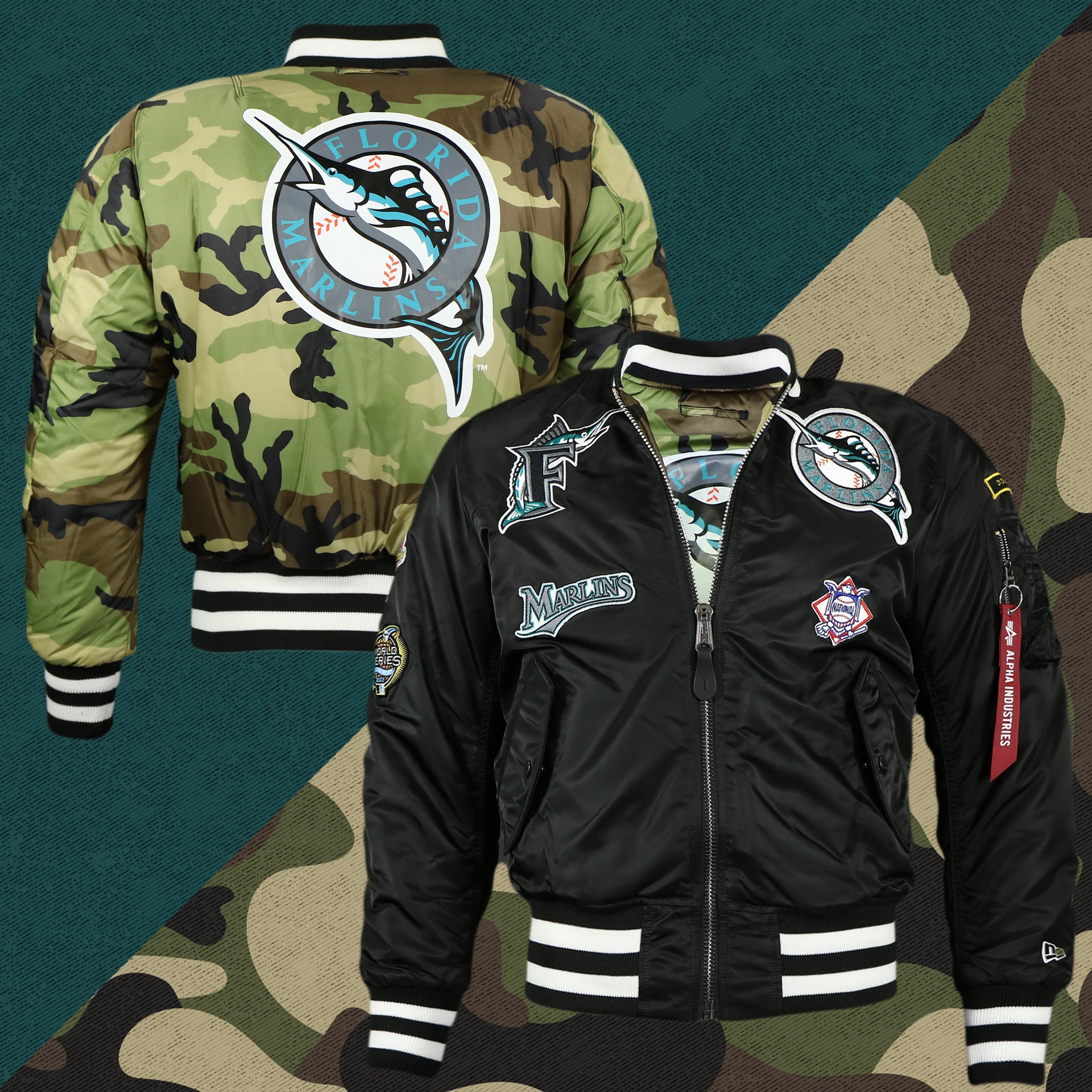 front back of the Florida Marlins MLB Patch Alpha Industries Reversible Bomber Jacket With Camo Liner | Black Bomber Jacket