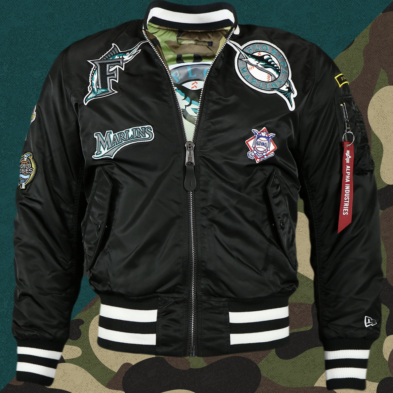 front of one side of the Florida Marlins MLB Patch Alpha Industries Reversible Bomber Jacket With Camo Liner | Black Bomber Jacket