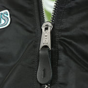 zipper on the Florida Marlins MLB Patch Alpha Industries Reversible Bomber Jacket With Camo Liner | Black Bomber Jacket