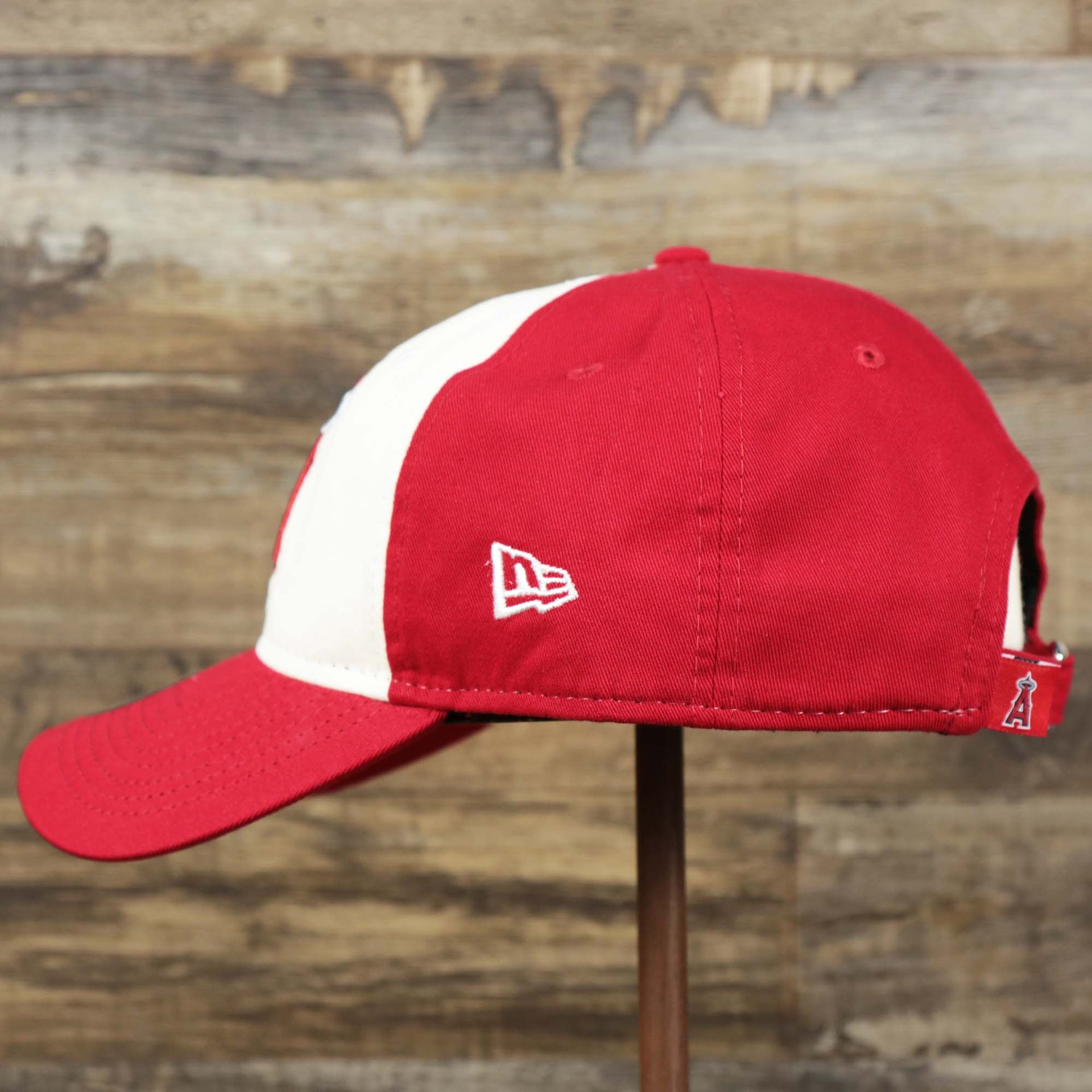 The wearer's left on the Anaheim Angles 2021 City Connect 9Twenty Dad Hat | New Era White and Red