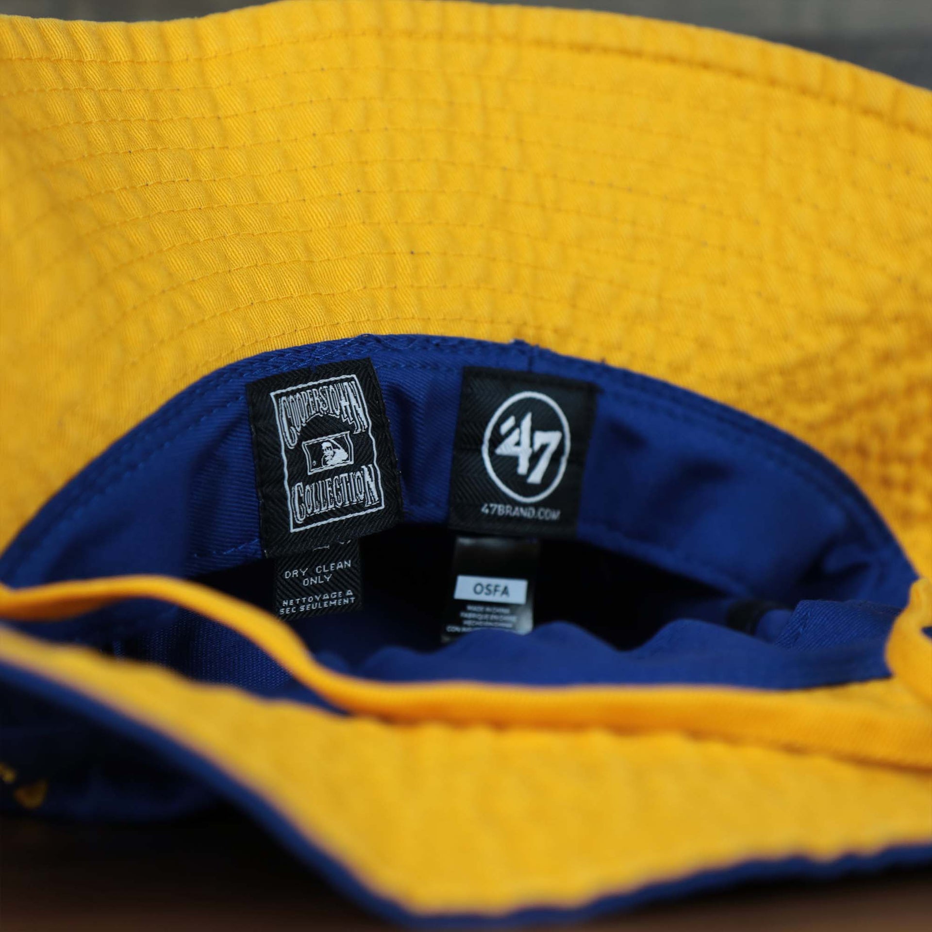 The tags on the Philadelphia Athletics Cooperstown Vintage 50s Bucket Hat | 47 Brand, Royal