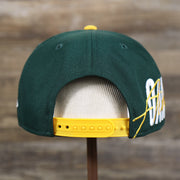The backside of the Oakland Athletics MLB Side Font Green Bottom 9Fifty Snapback Cap | Black Snap Cap