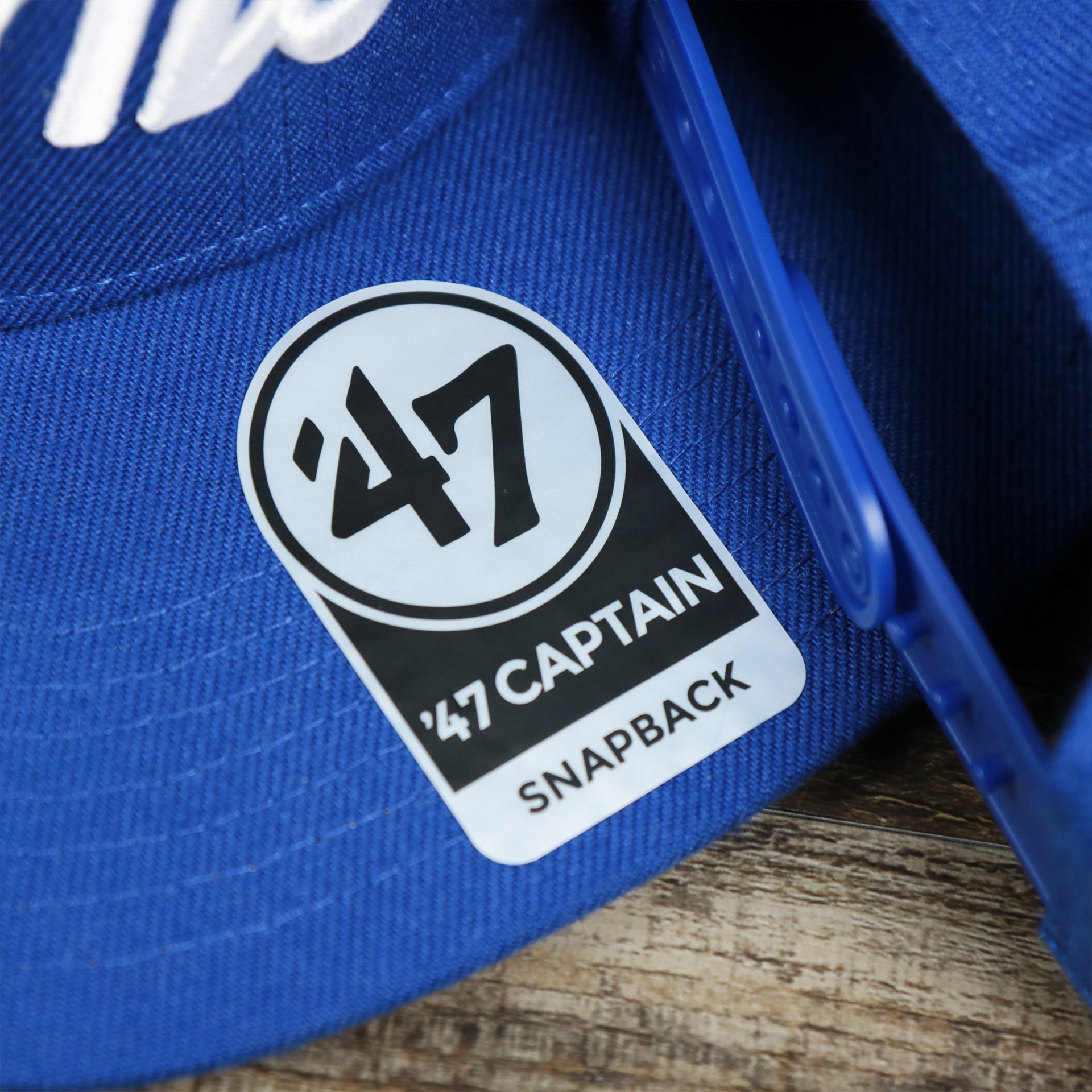 The 47 Brand Sticker on the Cooperstown Philadelphia Athletics Wordmark Retro Athletics Side Patch Snapback | Royal Blue Snapback