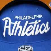 The Philadelphia Athletics Wordmark on the Cooperstown Philadelphia Athletics Wordmark Retro Athletics Side Patch Snapback | Royal Blue Snapback