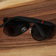 The Aviator Frame Racing Stripes Black Lens Sunglasses with Black Frame folded