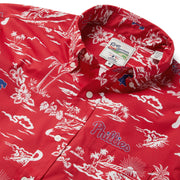 The placket and collar on the Philadelphia Phillies Authentic Hawaiian Print Performance Polo Shirt | Red