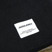 A close up of the logo on the Jack And Jones Jet Black High Cuff Knit Beanie | Black Knit Beanie