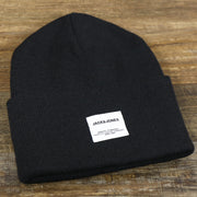 The front of the Jack And Jones Jet Black High Cuff Knit Beanie | Black Knit Beanie