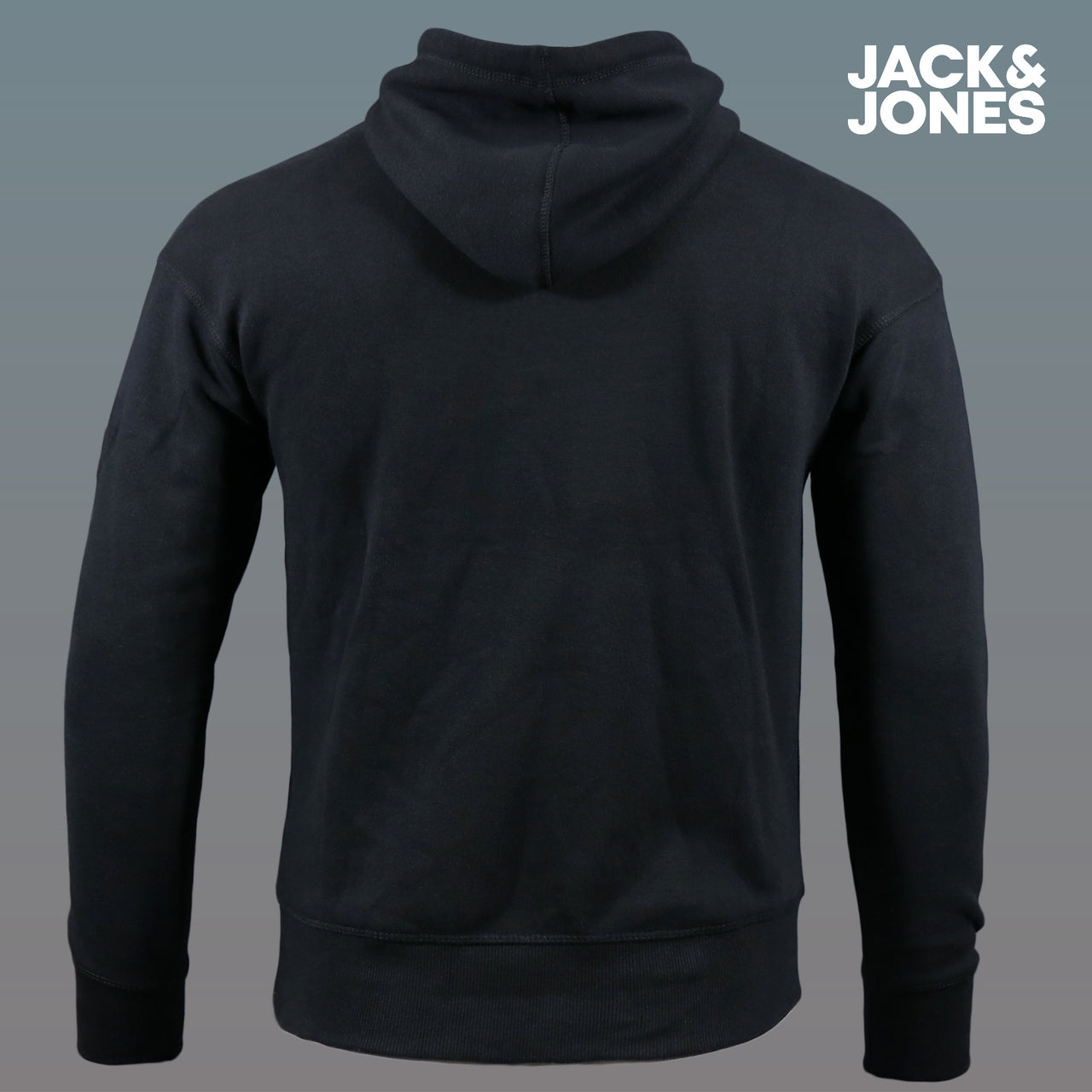 The backside of the Jack And Jones Jet Black Pullover Hoodie | Black Hoodie