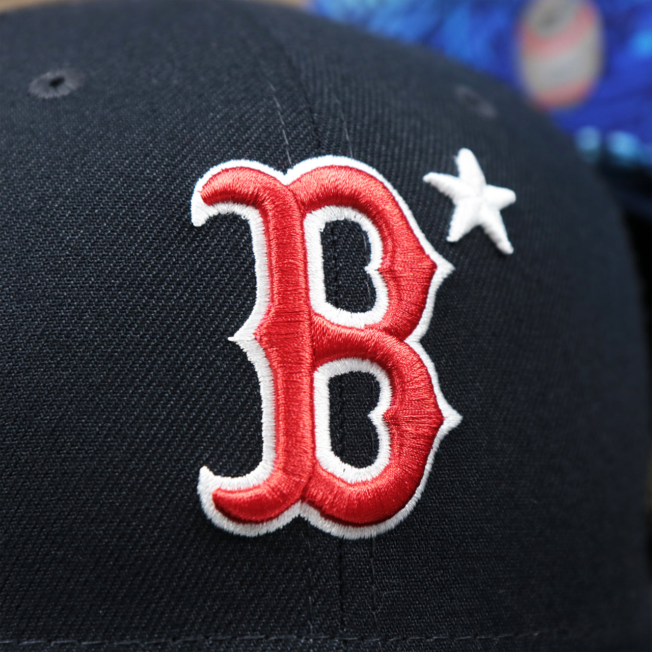 The Red Sox Logo on the Boston Red Sox Metallic All Star Game MLB 2022 Side Patch 9Fifty Mesh Snapback | ASG 2022 Navy Trucker Hat