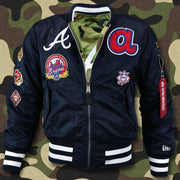 The front of the Atlanta Braves MLB Patch Alpha Industries Reversible Bomber Jacket With Camo Liner | Navy Blue Bomber Jacket