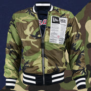 The front of the Camo Liner on the Atlanta Braves MLB Patch Alpha Industries Reversible Bomber Jacket With Camo Liner | Navy Blue Bomber Jacket