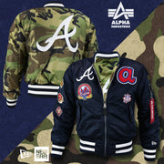 The Atlanta Braves MLB Patch Alpha Industries Reversible Bomber Jacket With Camo Liner | Navy Blue Bomber Jacket