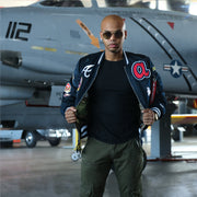 The Atlanta Braves MLB Patch Alpha Industries Reversible Bomber Jacket With Camo Liner | Navy Blue Bomber Jacket opened