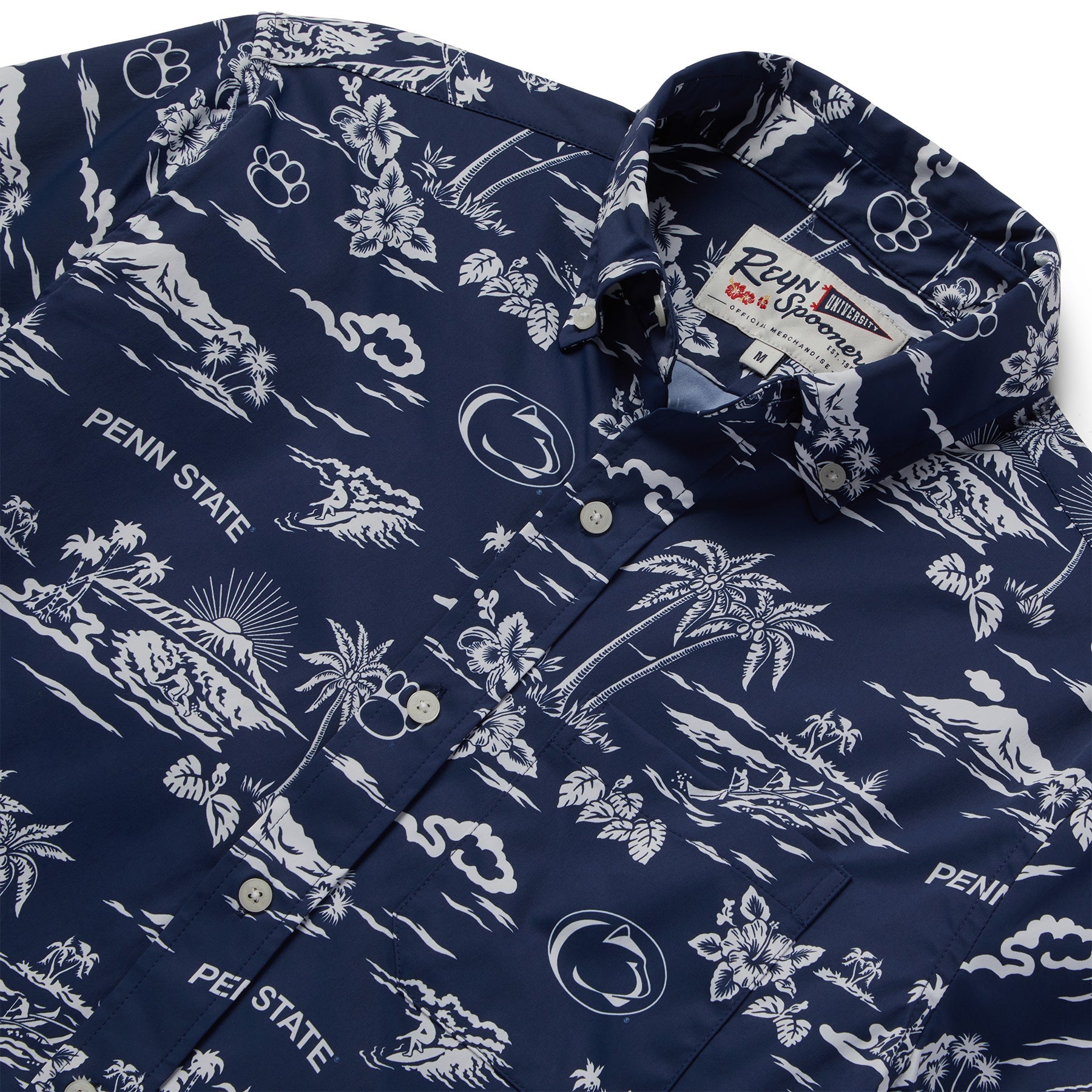 A close up of the Penn State Nittany Lions Authentic Hawaiian Pattern Performance Polo Shirt | Navy