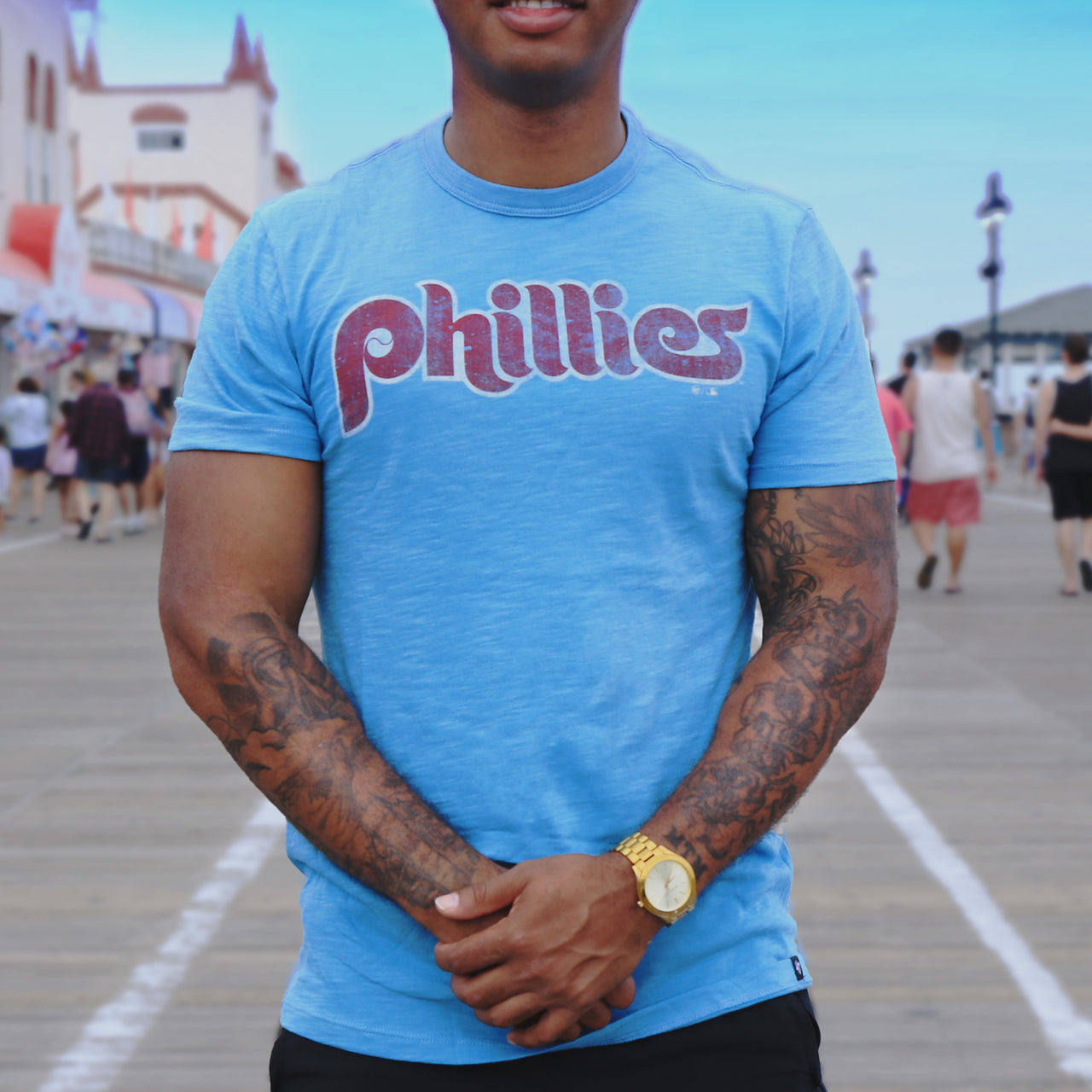 The front of the Cooperstown Philadelphia Phillies Retro Phillies Wordmark MLB T-Shirt | Columbia Blue Tshirt 