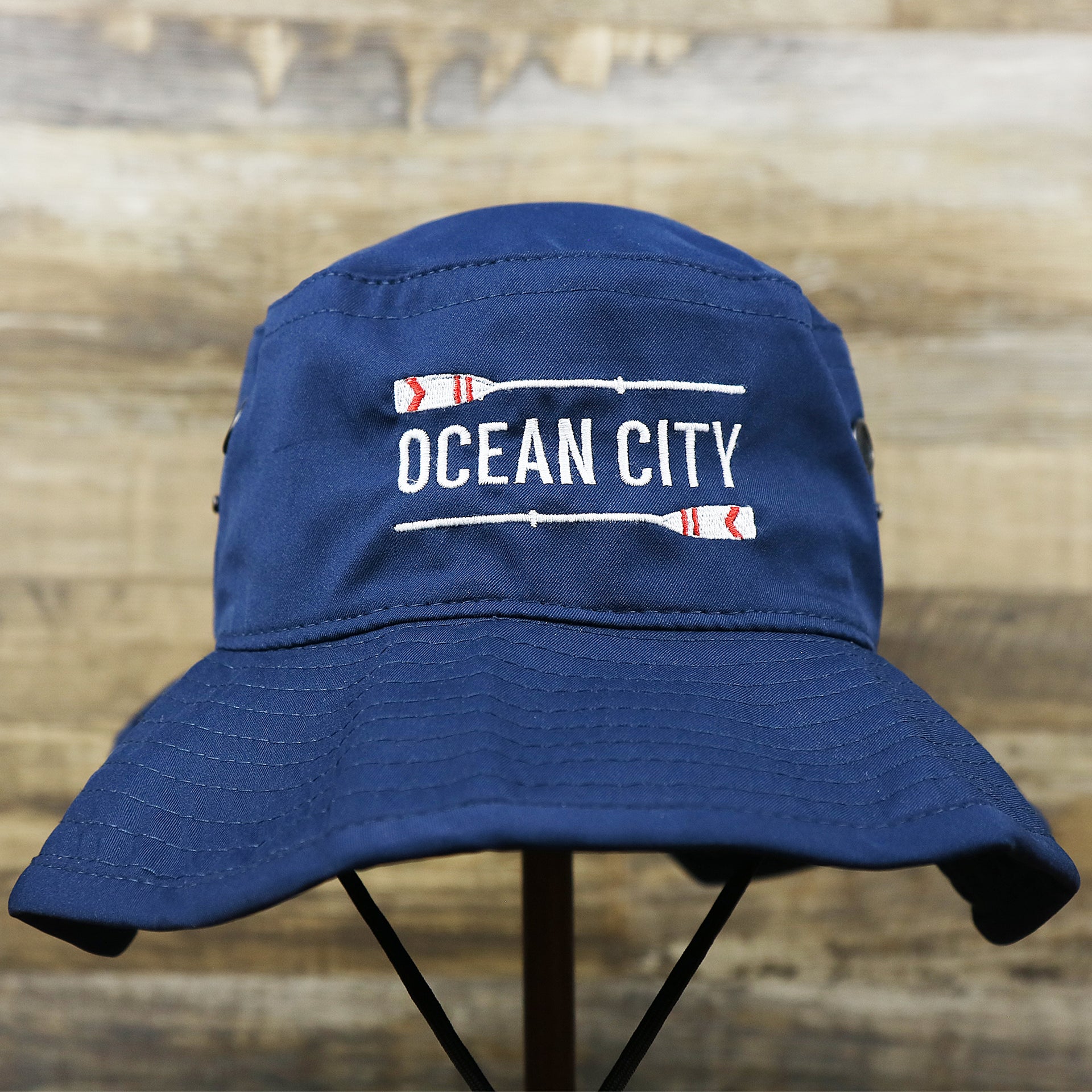 The Ocean City Wordmark Parallel Oars New Jersey Bucket Hat | Navy Blue Bucket Hat