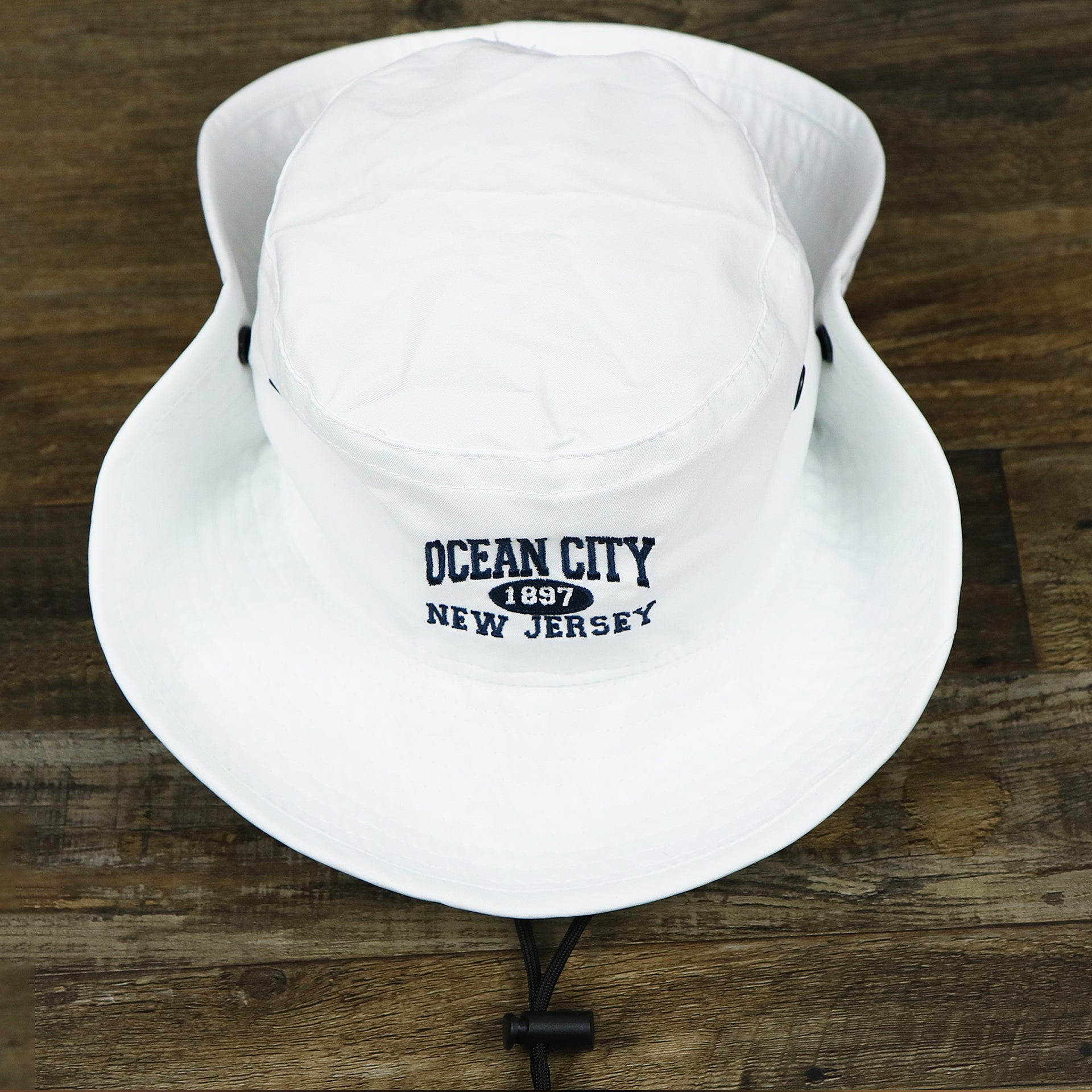 The Ocean City New Jersey Wordmark Since 1897 Bucket Hat | White Bucket Hat with both sides pinned