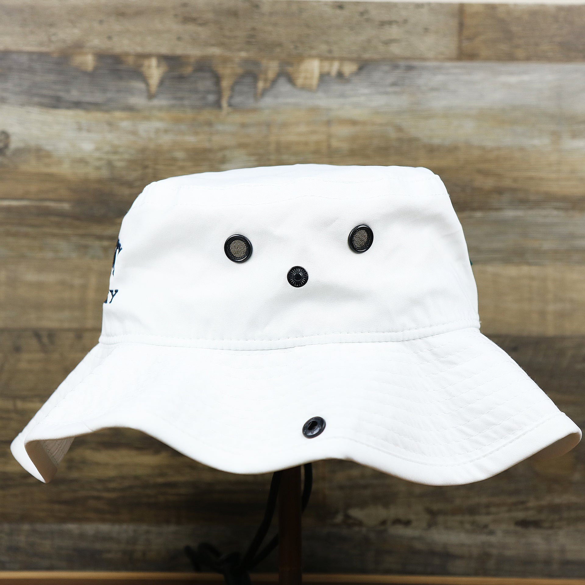 The wearer's left on the Ocean City New Jersey Wordmark Since 1897 Bucket Hat | White Bucket Hat