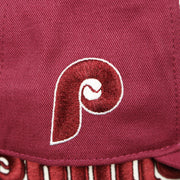 The Cooperstown Phillies Side Patch on the Cooperstown Philadelphia Phillies Wordmark Retro Phillies Logo Patch Dad Hat | Cardinal Dad Hat