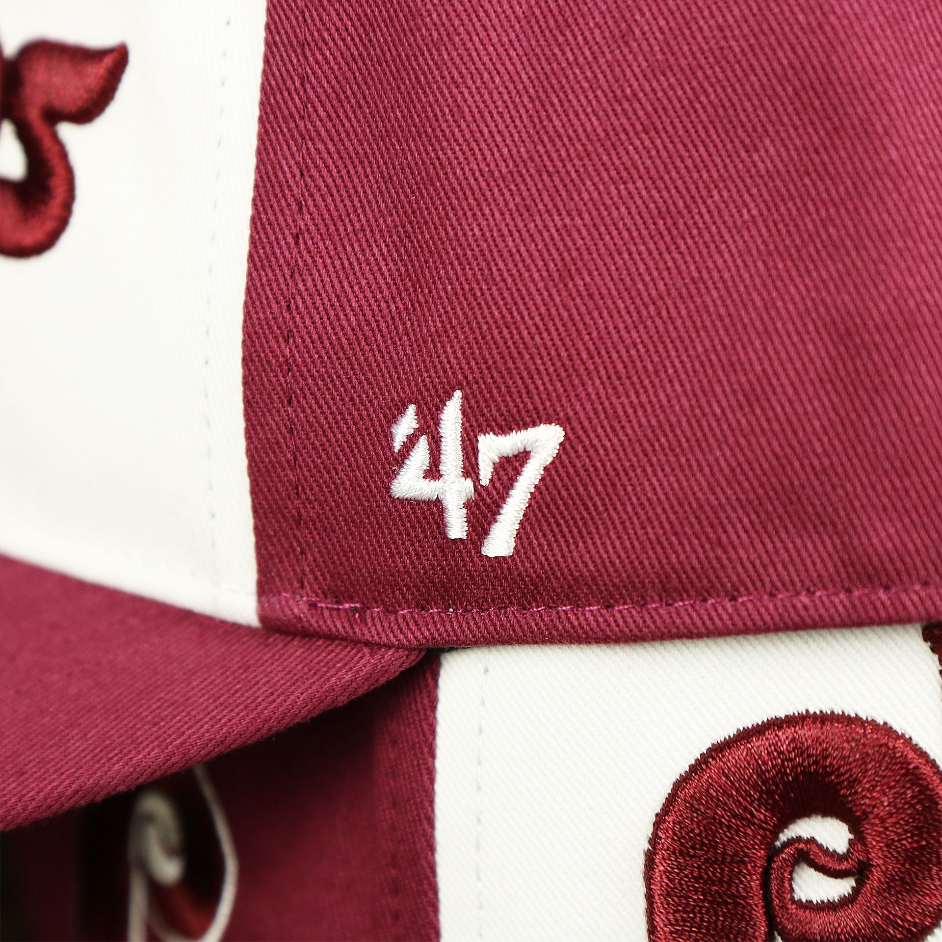 The 47 Brand Logo on the Cooperstown Philadelphia Phillies Wordmark Retro Phillies Logo Patch Dad Hat | Cardinal Dad Hat