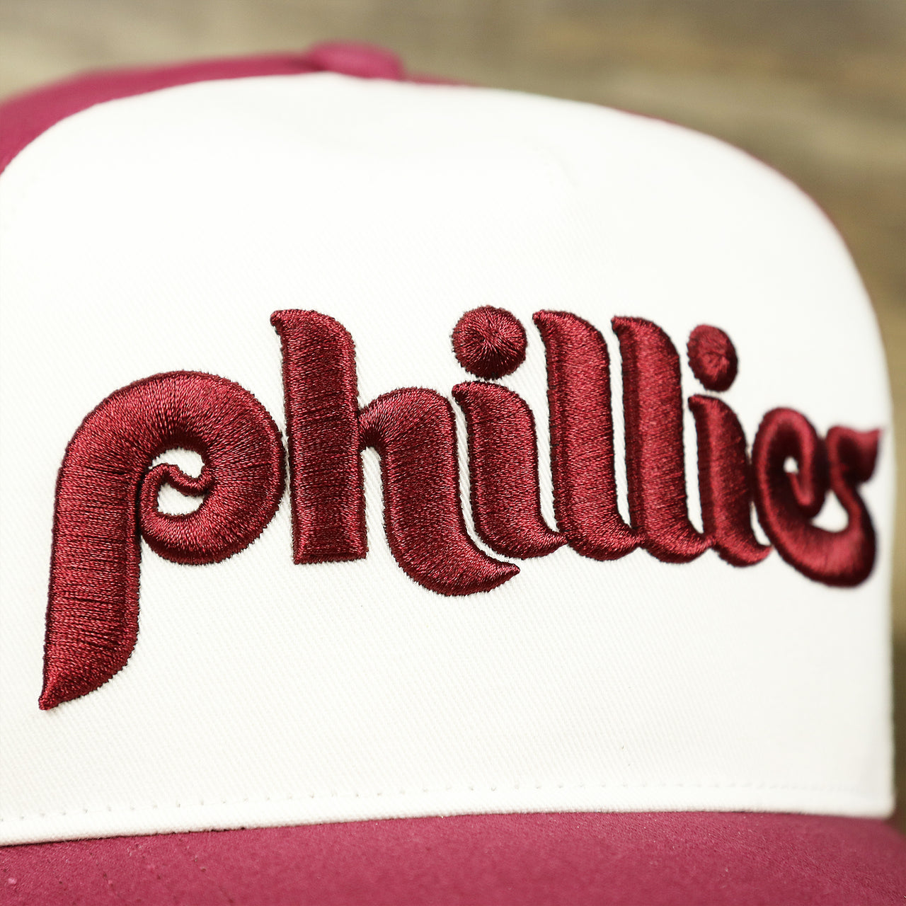 The Phillies Wordmark on the Cooperstown Philadelphia Phillies Wordmark Retro Phillies Logo Patch Dad Hat | Cardinal Dad Hat
