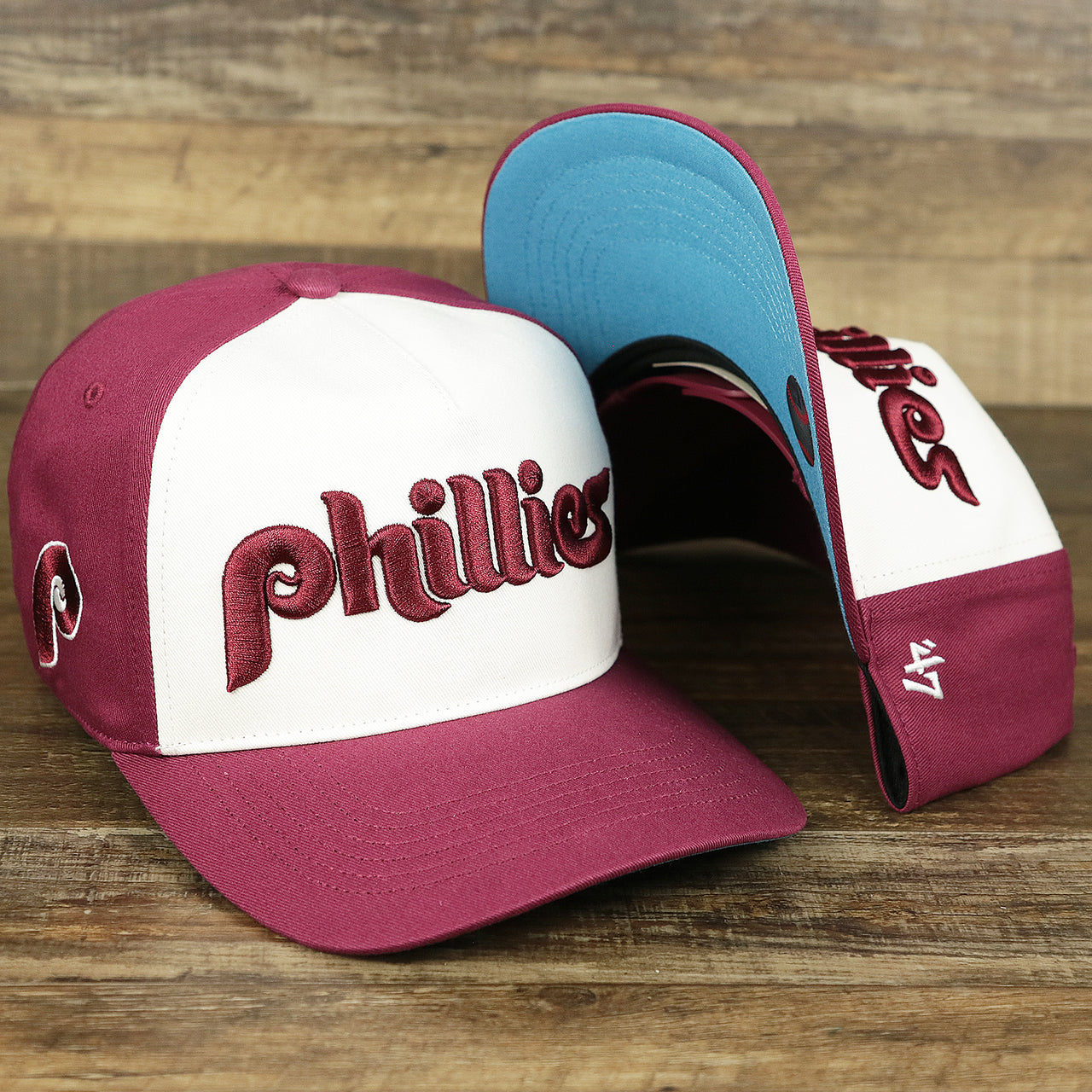 The Cooperstown Philadelphia Phillies Wordmark Retro Phillies Logo Patch Dad Hat | Cardinal Dad Hat