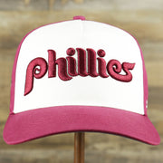 The front of the Cooperstown Philadelphia Phillies Wordmark Retro Phillies Logo Patch Dad Hat | Cardinal Dad Hat